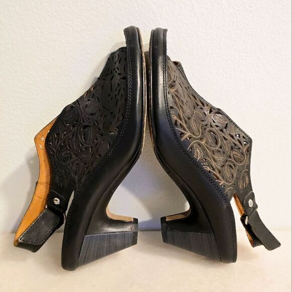 PIKOLINOS Java W5A Black Leather Leaf Laser Cut Sling Back Heeled Sandals 7.5 - Picture 4 of 9
